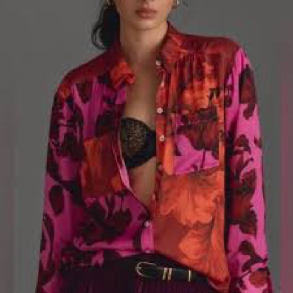 Anthropologie Pink and Red Floral Button Down Shirt - Picture 2 of 7